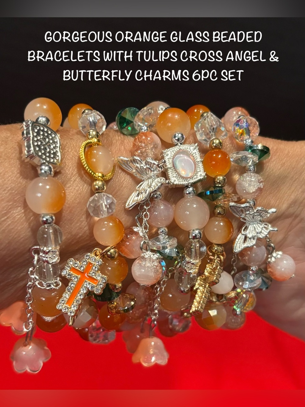 GORGEOUS ORANGE GLASS BEADED BRACELETS W/TULIPS CROSS ANGEL & BUTTERFLY CHARMS